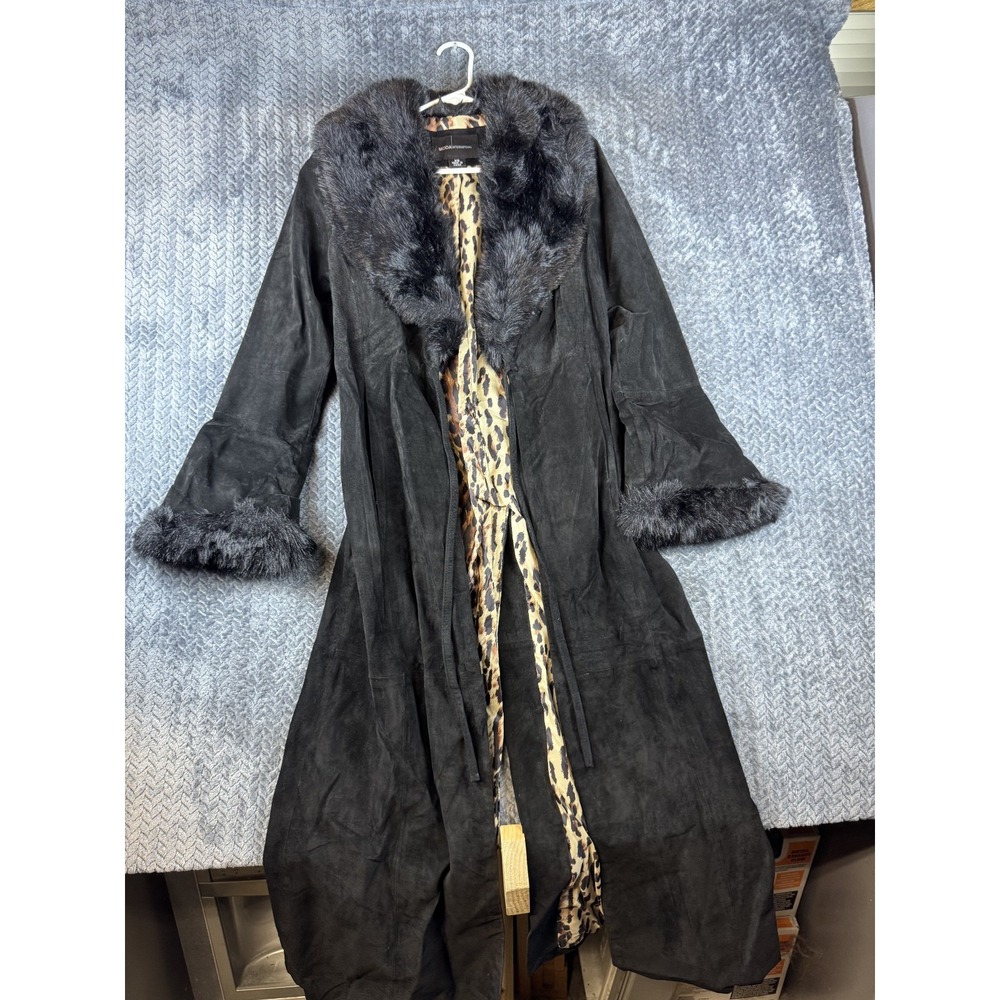 Moda International Leather Maxi Coat Black Faux Fur Trim Leopard Lined XS